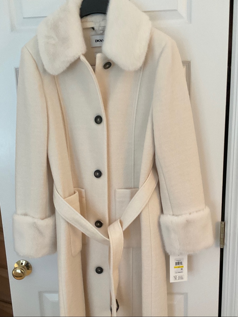 DKNY Cream Faux Fur Midi Coat